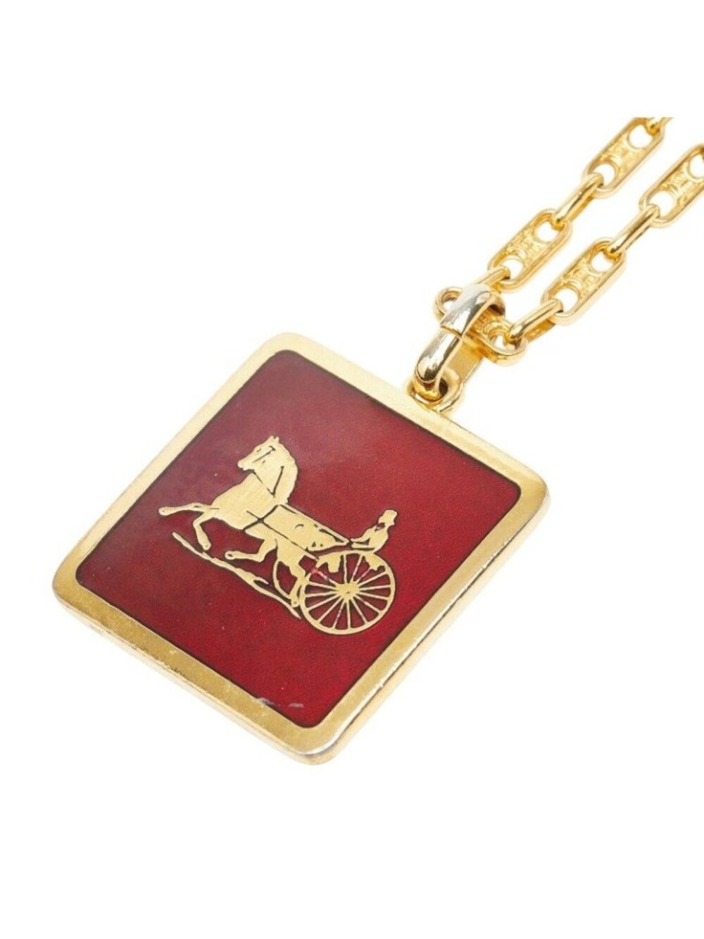 Celine Macadam Carriage Square Plate Chain Pendant Gold Red Plated
